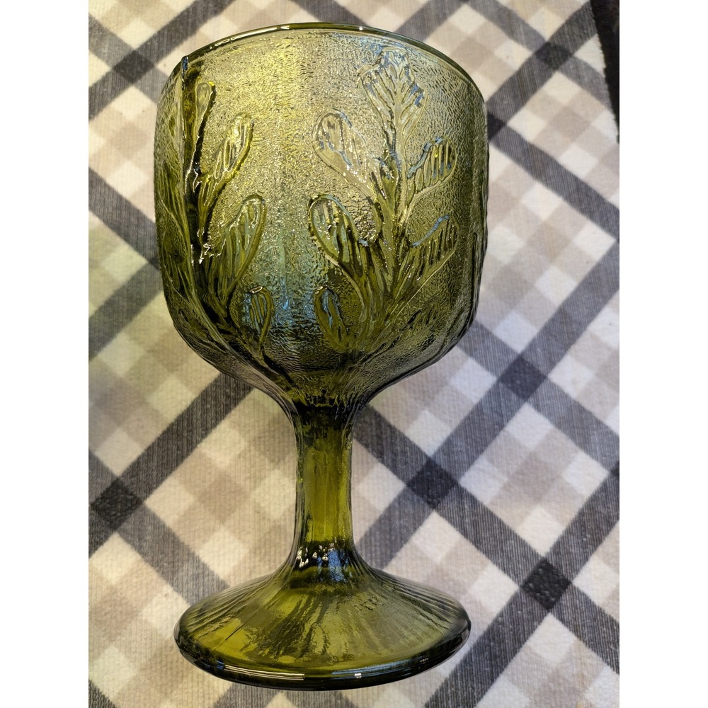 Set of 2 Vintage 1975 FTD Olive Green Pressed Glass Goblet & Dessert Coupe - Picture 2 of 7